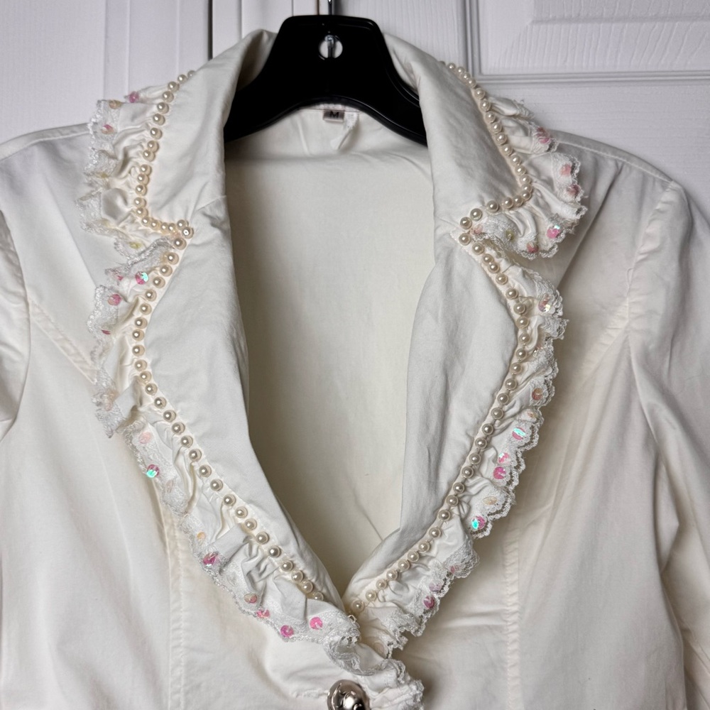 Kelly USA Vintage Ivory Pearl Trim Ruffle Blazer Cottagecore Jacket Size Medium - Picture 5 of 13